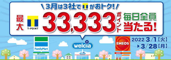 【ハズレなし！】「3月は3社でお得！最大33,333ポイントが当たる3社合同くじ！」開催